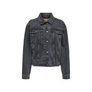 Women’s black cotton blazer with pockets featuring a dark gray denim jacket style front button closure and chest pockets