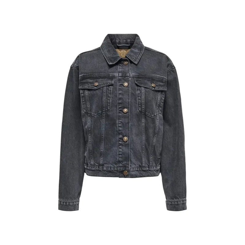 Women’s black cotton blazer with pockets featuring a dark gray denim jacket style front button closure and chest pockets
