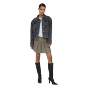 Women’s black cotton blazer with dark gray denim jacket look featuring gold-tone buttons and classic flap pockets