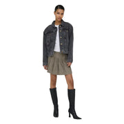 Women’s black cotton blazer with dark gray denim jacket look featuring gold-tone buttons and classic flap pockets