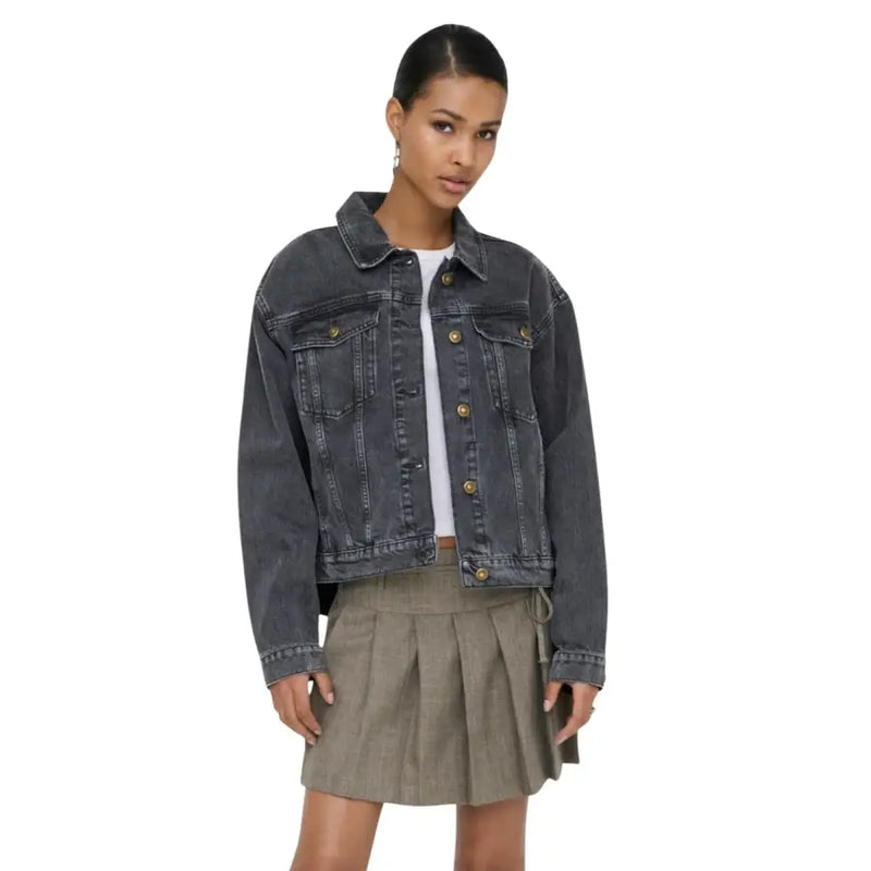 Women’s black cotton blazer featuring dark gray denim jacket style with gold-tone buttons and classic flap pockets
