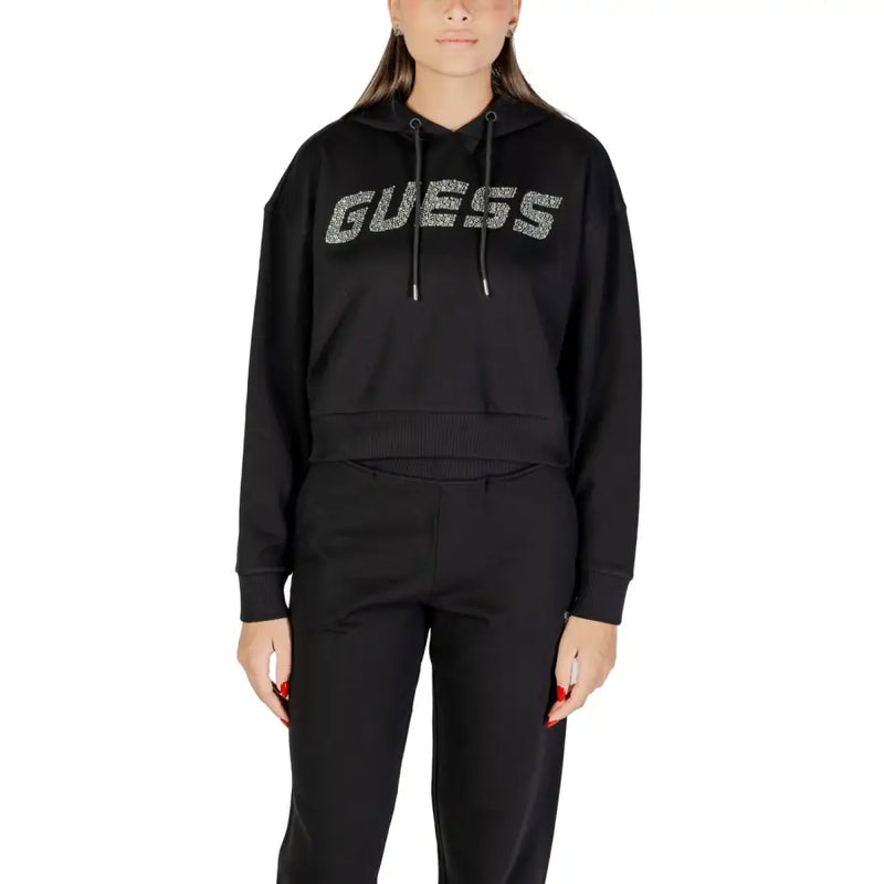 Women’s black cropped hoodie and sweatpants with sparkling GUESS logo for Guess Women Beige Rhinestone Hooded Sweatshirt