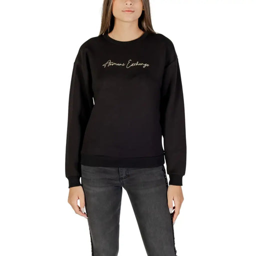 Women’s black long-sleeve crewneck sweatshirt with subtle logo print from Armani Exchange