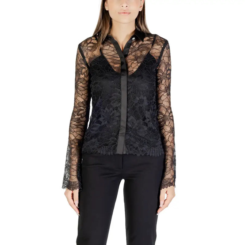 Women’s black long-sleeve lace button-up shirt displayed in Guess Classic Beige shirt product image