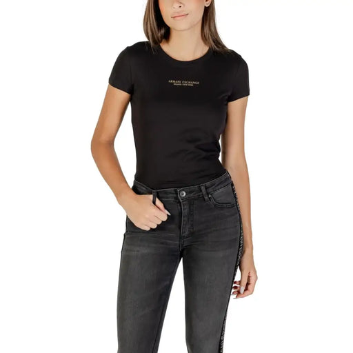 Women’s black short-sleeve cotton T-shirt with round neck from Armani Exchange