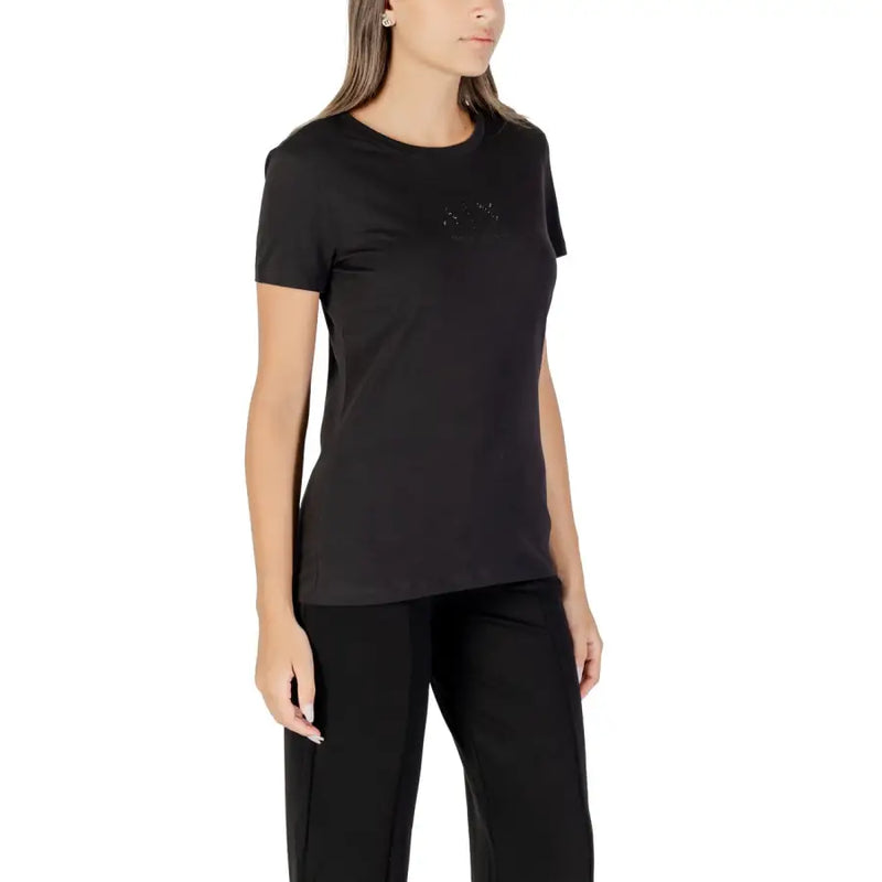 Women’s black short-sleeve crewneck cotton T-shirt with rhinestone embellishments at Armani Exchange