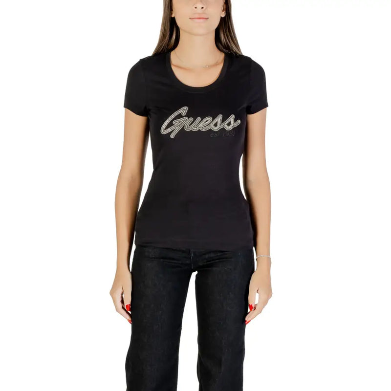 Women’s black short-sleeve T-shirt with Guess in silver rhinestones, perfect for fall winter fashion