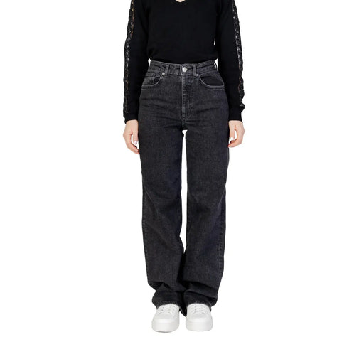 Women’s black wide leg jeans high-waisted dark wash denim with a straight-leg cut shown from the front