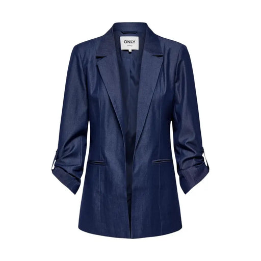 Damen-Jeansblazer in Marineblau mit hochgekrempelten Ärmeln, Reverskragen und Taschen
