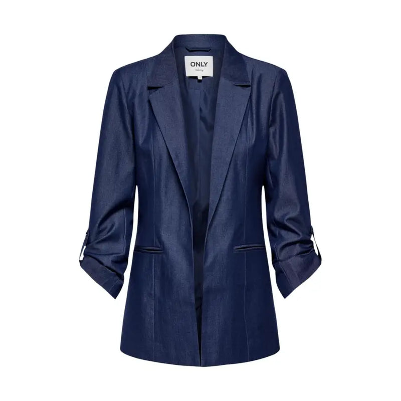 Navy blue denim women’s blazer with lapel collar, rolled-up sleeves, and front pockets for a stylish look