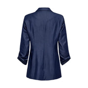 Navy blue satin women’s blazer with lapel collar three-quarter length sleeves and front pockets