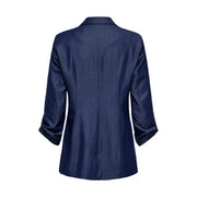 Navy blue satin women’s blazer with lapel collar three-quarter length sleeves and front pockets