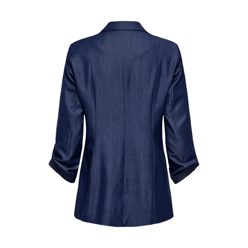 Navy blue satin women’s blazer with lapel collar three-quarter length sleeves and front pockets