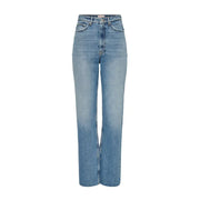 Hochgeschnittene, gerade geschnittene Damenjeans aus 100 % Baumwolle mit Taschen in mittelblauer Waschung mit dezenten Auswaschungen