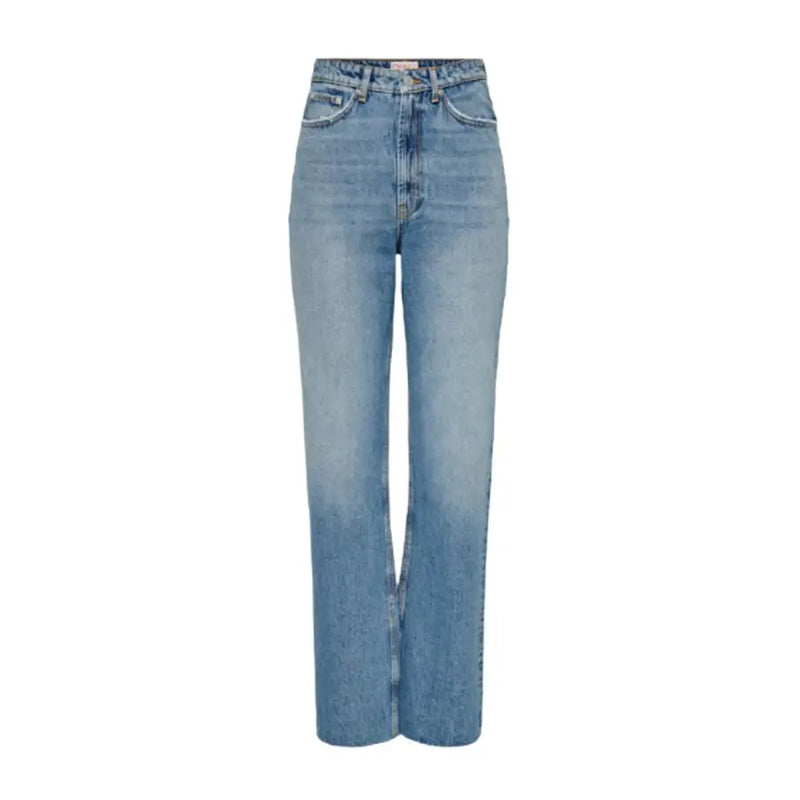 Hochgeschnittene, gerade geschnittene Damenjeans aus 100 % Baumwolle mit Taschen in mittelblauer Waschung mit dezenten Auswaschungen