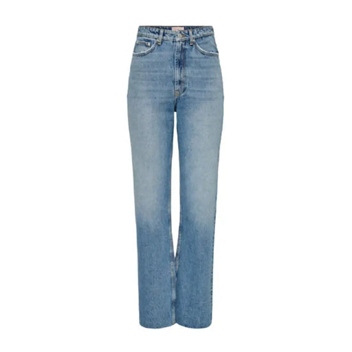 Hochgeschnittene, gerade geschnittene Damenjeans aus 100 % Baumwolle mit Taschen in mittelblauer Waschung mit dezenten Auswaschungen