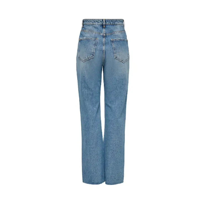 Rückansicht einer hellblauen Damenjeans aus 100 % Baumwolle mit hohem Bund, geradem Bein und klassischen Taschen.