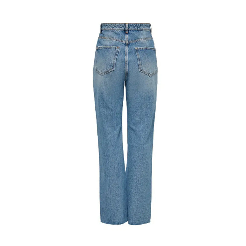 Back view of women’s blue light-wash denim jeans 100 percent cotton with high-rise straight-leg cut and classic pockets