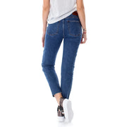 Women’s blue straight-leg denim jeans with frayed hem made of 99% cotton 1% elastane machine washable