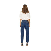 Women’s blue high-waisted straight-leg jeans in medium wash 99% cotton 1% elastane back view with stitching and pockets