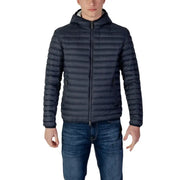 Women’s dark navy nylon puffer jacket with horizontal quilted stitching hood zip and pockets, front view