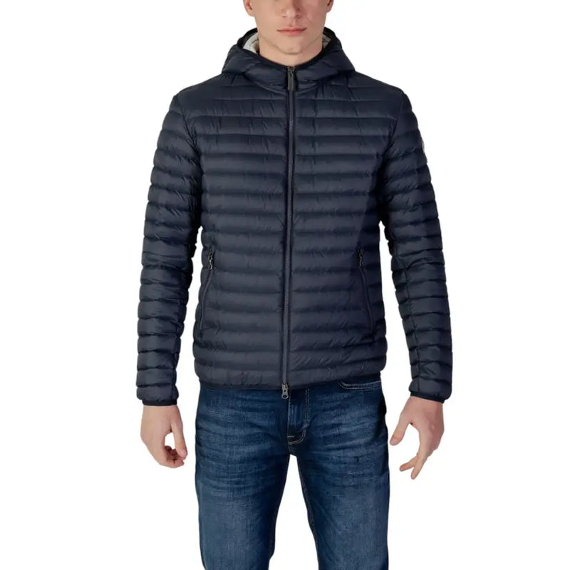 Women’s dark navy nylon puffer jacket with horizontal quilted stitching hood zip and pockets, front view