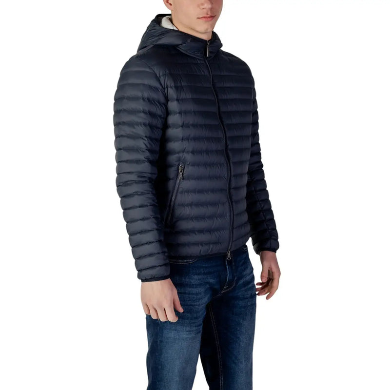 Dark navy women’s nylon puffer jacket with horizontal quilting and white fleece hood lining with zip and pockets