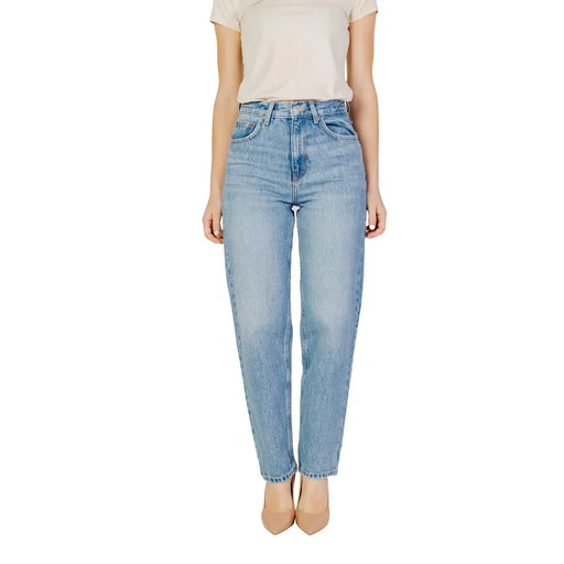Women’s blue plain light-wash denim jeans with high-rise fit, straight-leg cut, and functional pockets