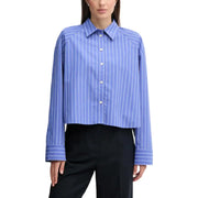 Women’s blue and white pinstriped long-sleeve crop shirt with collar from Calvin Klein Jeans