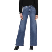 Women’s wide-leg blue jeans with zip and button closure, front and back pockets