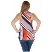 Womens colorful striped wrap top with sleeveless design and bold diagonal stripes in orange black white and lavender