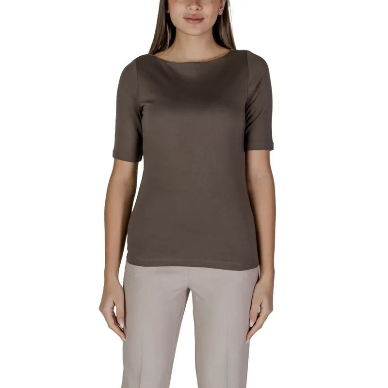 Women’s dark brown boat-neck short sleeve T shirt from Street One with round neckline