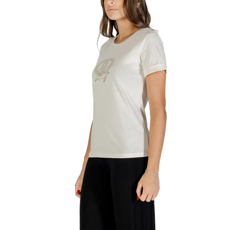 Damen-Baumwollshirt, hellbeige, kurzärmelig T-shirt mit subtilem Grafikdesign für Liu Jo Frauen