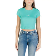 Women’s light blue short-sleeved crop top with small logo on chest, part of Calvin Klein Jeans collection