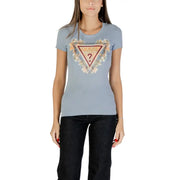Women’s light blue Guess t-shirt with patterned triangle logo, round neck, short sleeves