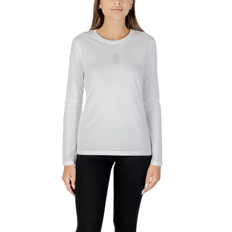 Women’s light grey long-sleeved crew-neck T-shirt with subtle emblem from Armani Exchange