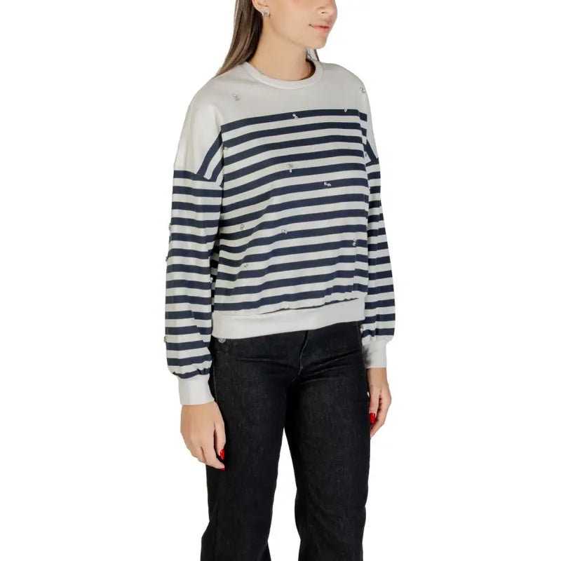 Women’s light grey and navy blue striped long-sleeve sweatshirt with distressed details and ribbed hem