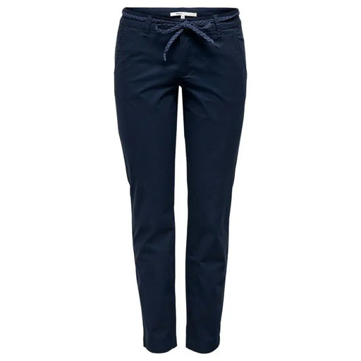 Women’s navy blue casual cotton elastane trousers with lace detail for spring summer wear