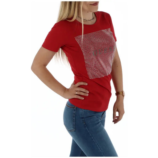 Women’s red round neck cotton T shirt with silver embellishment square front display