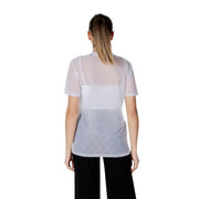Women’s sheer white mesh top with solid white band across chest and subtle pattern on lower half