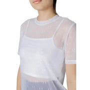 Women’s sheer white mesh top with subtle ax logo pattern paired with a white tank for layering