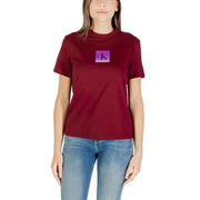 Women’s Bordeaux short-sleeve T-shirt with purple and black Calvin Klein logo on chest