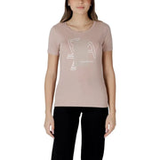 Women’s short-sleeved beige T shirt with white graphic design front view