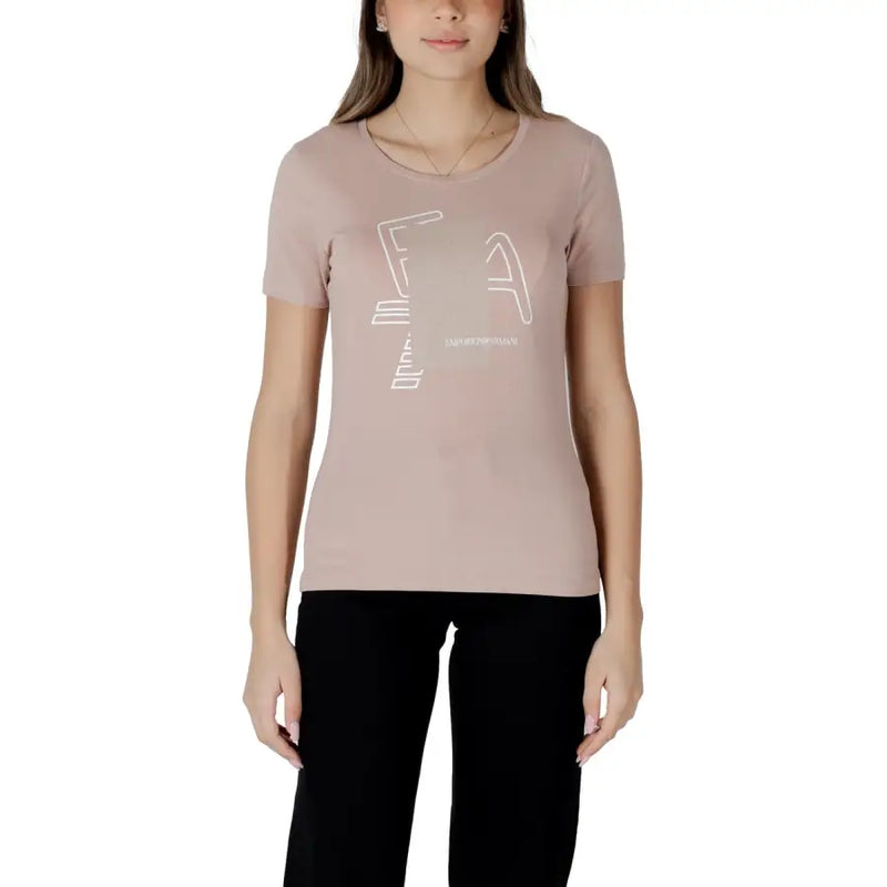 Women’s short-sleeved beige T shirt with white graphic design front view