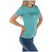 Women’s short-sleeved turquoise T-shirt with sequined GUESS lettering, perfect for spring summer