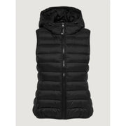 Black puffer vest with hood and full-length zipper, ideal for Women’s Sleeveless Black Zip Hooded Jacket with Front Pockets