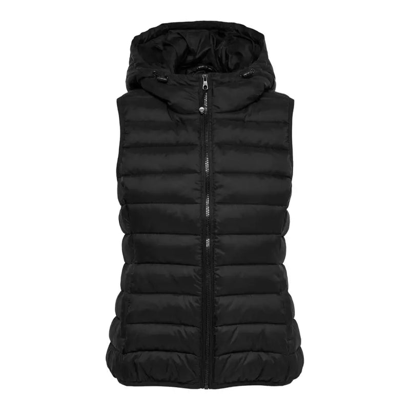 Black sleeveless puffer vest with hood from Women’s Sleeveless Black Zip Hooded Jacket collection