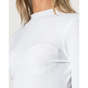 White ribbed long-sleeve top with high neckline made from soft fabric for women casual wear