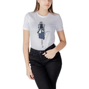 Women’s white organic cotton short-sleeved t-shirt with a black and blue illustrated fashion sketch of a woman in a trench coat