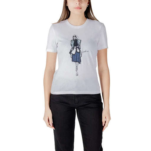 Women’s white organic cotton short-sleeved t-shirt with a black and blue illustrated fashion sketch on the front